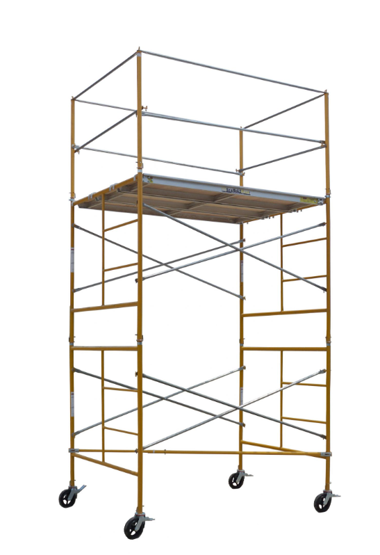 Rolling scaffolding tower with work platform, guardrails, and locking caster wheels for elevated construction and maintenance work, available for rent at McKinleyville Ace Home & Garden Center.