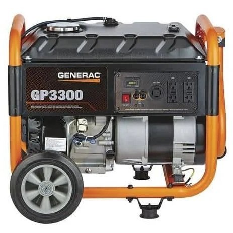 Portable gas generator with wheeled frame and multiple power outlets, available to rent at McKinleyville Ace Home & Garden Center.