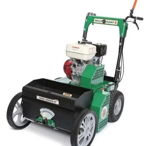 Gas-powered overseeder with seed hopper and walk-behind controls for lawn seeding and renovation, available for rent at McKinleyville Ace Home & Garden Center.