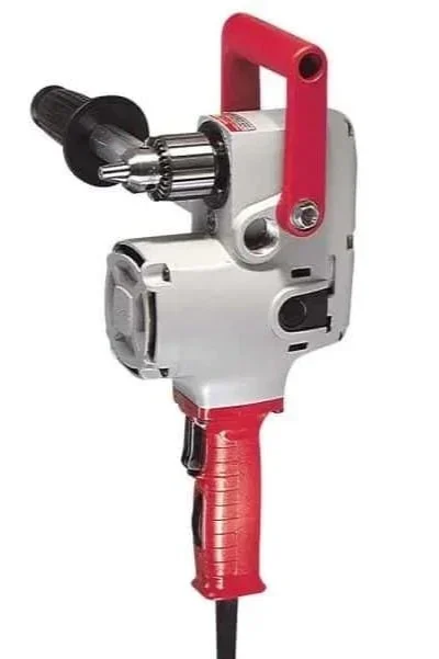 Heavy-duty Hole-Hawg style right-angle drill with side handle for drilling large holes in wood framing, available for rent at McKinleyville Ace Home & Garden Center.