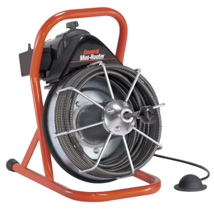 Electric drain snake machine with coiled cable drum, available for rent at McKinleyville Ace Home & Garden Center.