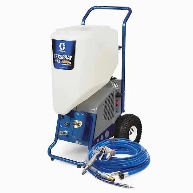 Drywall texture sprayer with hopper tank and spray hose, available for rent at McKinleyville Ace Home & Garden Center.