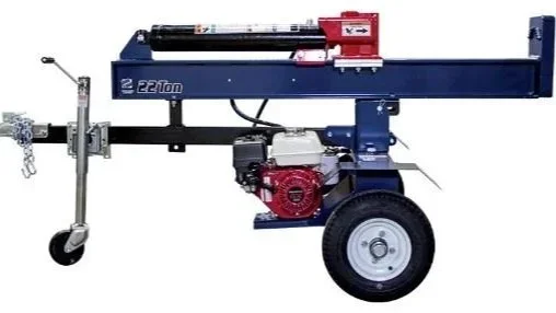 Towable gas-powered log splitter with horizontal beam and hydraulic ram, available for rent at McKinleyville Ace Home & Garden Center.