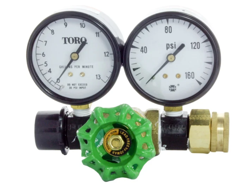 Irrigation flow and pressure gauge for measuring water pressure and flow rates when testing sprinkler and irrigation systems.