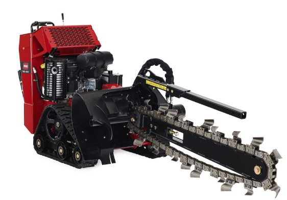 Walk-behind trenching machine with tracked drive and chain digging boom for cutting narrow trenches, available for rent at McKinleyville Ace Home & Garden Center.