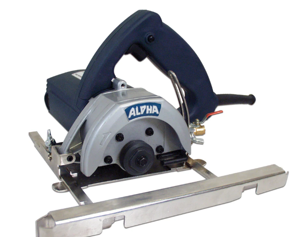 Electric wet tile saw with diamond blade and water hose connection for cutting tile and stone, available for rent at McKinleyville Ace Home & Garden Center.