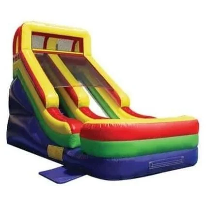 Inflatable double-lane slide bounce house with colorful design and landing pad, available for rent at McKinleyville Ace Home & Garden Center.