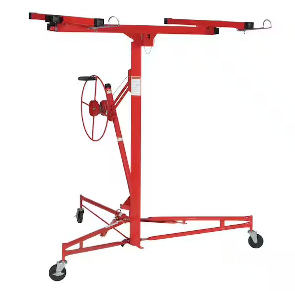 Drywall lift with adjustable arms and wheeled base for raising drywall panels, available for rent at McKinleyville Ace Home & Garden Center.