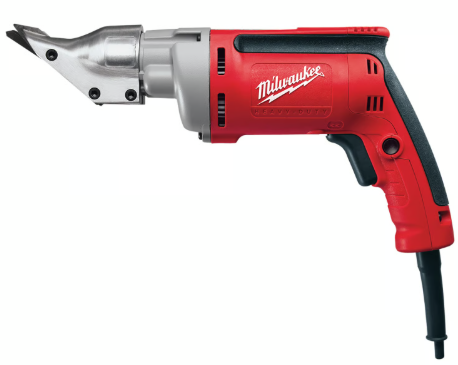 Electric metal shears with handheld motor and cutting blades for trimming sheet metal, available for rent at McKinleyville Ace Home & Garden Center.