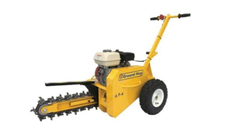 Mini irrigation trencher with Honda engine and chain digging boom for cutting narrow trenches, available for rent at McKinleyville Ace Home & Garden Center.