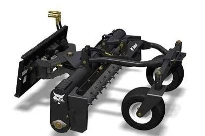 Skid steer soil conditioner attachment with rotating drum and caster wheels, available to rent at McKinleyville Ace Home & Garden Center.