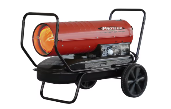 Portable torpedo forced-air kerosene and diesel space heater for heating construction sites, workshops, garages, and other well-ventilated work areas during cold weather.