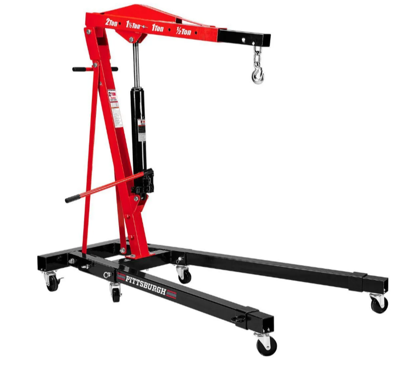 2-ton hydraulic engine hoist with adjustable boom and lifting hook, available for rent at McKinleyville Ace Home & Garden Center.