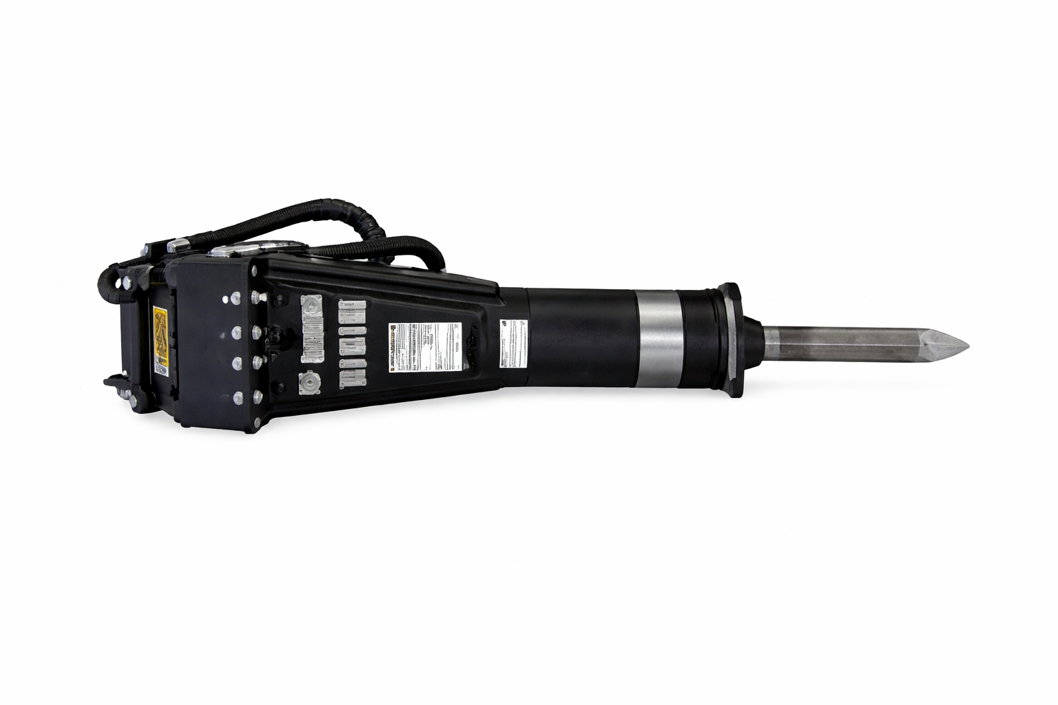 Hydraulic breaker attachment with chisel bit for skid steer or excavator, available for rent at McKinleyville Ace Home & Garden Center.