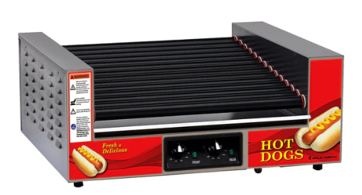 Portable hot dog roller grill with multiple rotating rollers for evenly cooking hot dogs, available for rent at McKinleyville Ace Home & Garden Center.