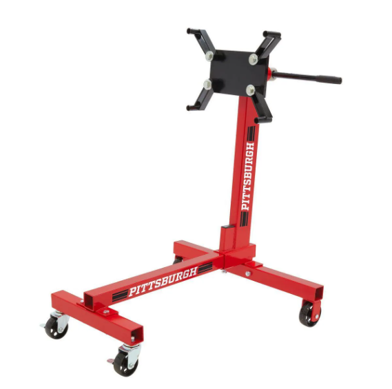 Heavy-duty engine stand with rotating mounting head and caster wheels, available to rent at McKinleyville Ace Home & Garden Center.