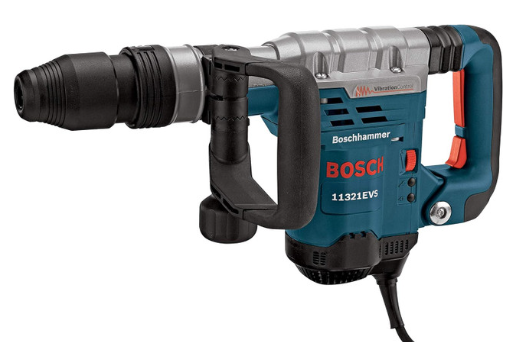 Electric demolition hammer with heavy-duty chisel attachment for breaking concrete and masonry, available for rent at McKinleyville Ace Home & Garden Center.