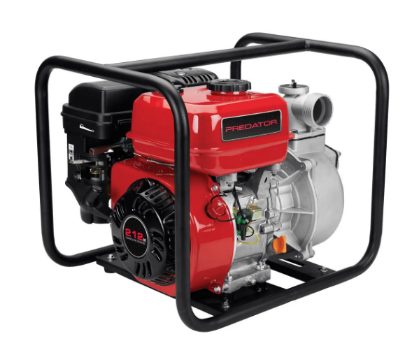 Gasoline-powered semi-trash water pump with suction hose and discharge hose for moving water and light debris, available for rent at McKinleyville Ace Home & Garden Center.