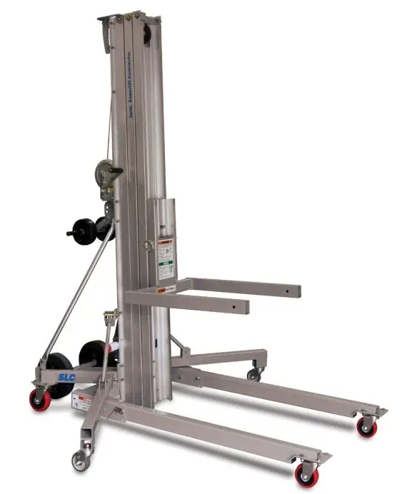 Genie Superlift material lift for safely raising and positioning heavy materials, equipment, ductwork, and construction supplies.