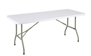 Heavy-duty plastic folding table for parties, events, meetings, banquets, and temporary workspaces, offering a durable and portable setup.