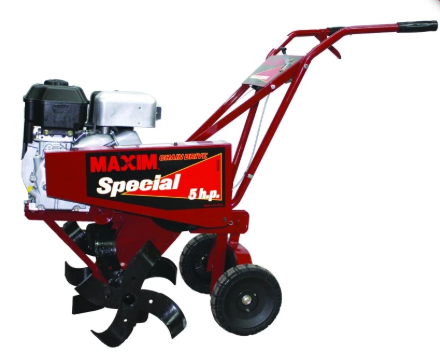 Walk-behind garden rototiller with rotating tines for soil cultivation, available for rent at McKinleyville Ace Home & Garden Center.