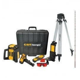 Rotary laser level kit with tripod, grade rod, laser receiver, and carrying case for construction layout and leveling, available for rent at McKinleyville Ace Home & Garden Center.