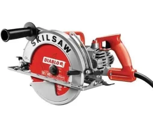 Electric handheld circular saw with large cutting blade and side handle for stability, available for rent at McKinleyville Ace Home & Garden Center.