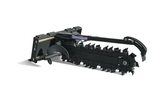 Heavy-duty walk-behind trencher attachment featuring a rotating digging chain with metal teeth for cutting narrow trenches in soil, available for rent at McKinleyville Ace.