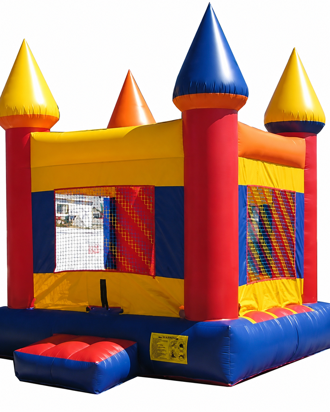 Inflatable castle bounce house with mesh sides and entry step, available for rent at McKinleyville Ace Home & Garden Center.