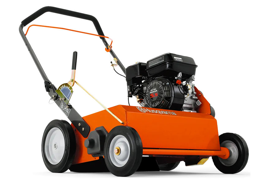 Walk-behind seeder dethatcher with gas engine and adjustable depth controls for lawn renovation, available for rent at McKinleyville Ace Home & Garden Center.