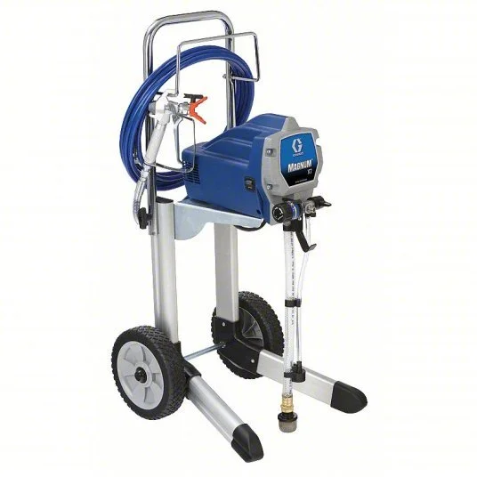 Airless paint sprayer with wheeled cart and spray gun, available locally to rent at McKinleyville Ace Home & Garden Center.