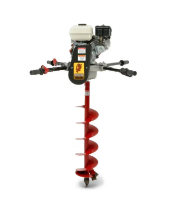Two-man earth auger with gasoline engine and dual operator handles for drilling post holes, available for rent at McKinleyville Ace Home & Garden Center.