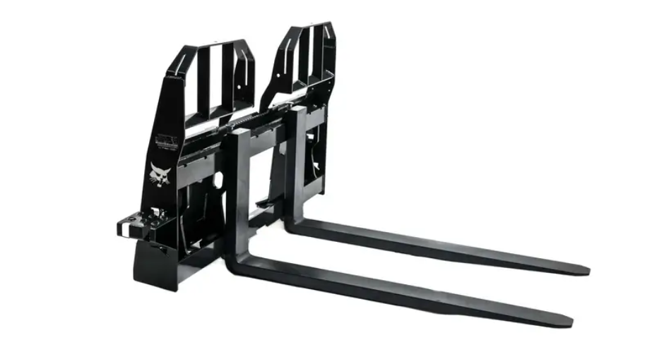 Skid steer pallet fork attachment with dual steel forks for lifting and moving pallets or heavy materials, available for rent at McKinleyville Ace Home & Garden Center.