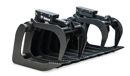 Root grapple attachment for mini track loader with hydraulic grapple arms for handling brush, logs, and debris, available for rent at McKinleyville Ace Home & Garden Center.