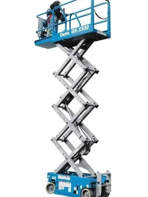 Electric scissor lift with extendable platform for indoor and outdoor elevated work, available to rent at McKinleyville Ace Home & Garden Center.
