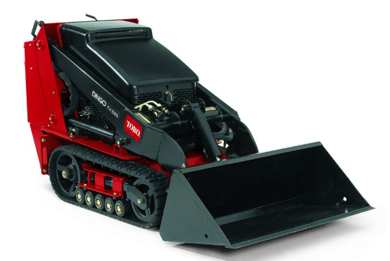 Compact track loader with front bucket attachment for moving soil, gravel, and materials, available for rent at McKinleyville Ace Home & Garden Center.