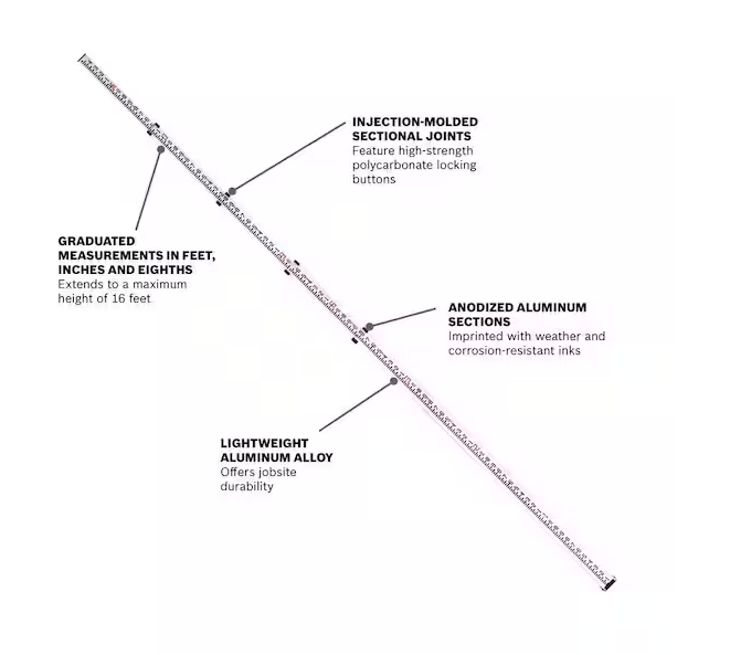 Telescoping grade rod for measuring elevations and surveying applications when used with laser levels, optical levels, and construction layout equipment.