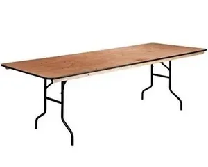 Rectangular folding banquet table with wooden top and metal legs, available for rent at McKinleyville Ace Home & Garden Center.