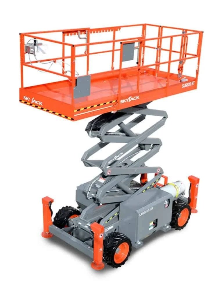 Rough terrain scissor lift with large platform and stabilizing outriggers, available to rent at McKinleyville Ace Home & Garden Center.