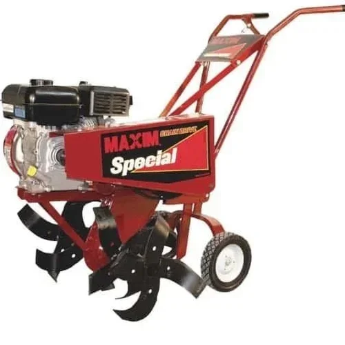 Walk-behind garden rototiller with rotating tines for soil cultivation, available for rent at McKinleyville Ace Home & Garden Center.