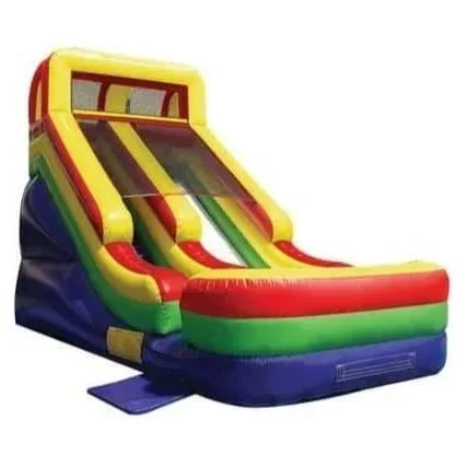 Inflatable double-lane slide bounce house with colorful design and landing pad, available for rent at McKinleyville Ace Home & Garden Center.