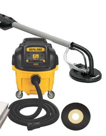 Drywall sanding system with pole sander, HEPA vacuum, and sanding discs for dust-controlled drywall finishing, available for rent at McKinleyville Ace Home & Garden Center.