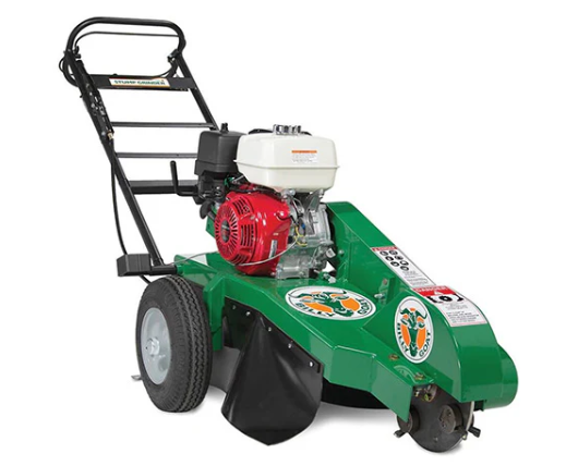13 HP stump grinder with cutting wheel and walk-behind controls for removing tree stumps, available for rent at McKinleyville Ace Home & Garden Center.