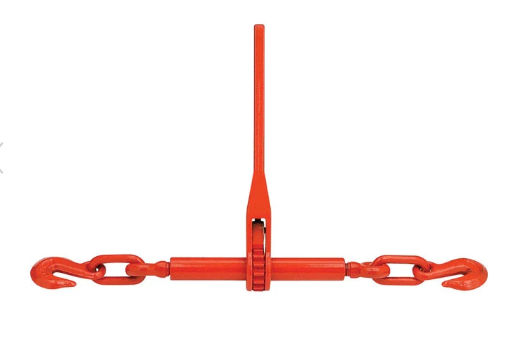 Ratchet load binder for tightening and securing chain around heavy equipment, machinery, and other loads during transport.