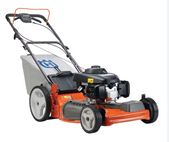 Gas-powered walk-behind lawn mower with rear grass collection bag, available for rent at McKinleyville Ace Home & Garden Center.