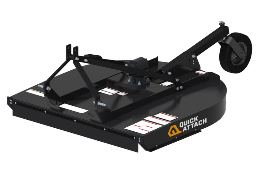 Tractor rotary cutter attachment with rear support wheel for mowing grass and brush, available to rent at McKinleyville Ace Home & Garden Center.