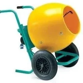 Wheelbarrow-style concrete mixer with portable drum and large wheels, available for rent at McKinleyville Ace Home & Garden Center.