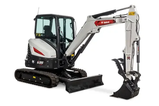 Bobcat E35 compact excavator with digging bucket attachment available for rental at McKinleyville Ace Home & Garden Center in McKinleyville CA