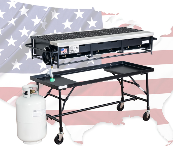 58-inch portable gas grill with propane tank, large cooking surface, and wheeled frame designed for outdoor cooking and events.