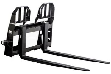 Skid steer pallet fork attachment with dual steel forks for lifting and moving pallets or heavy materials, available for rent at McKinleyville Ace Home & Garden Center.